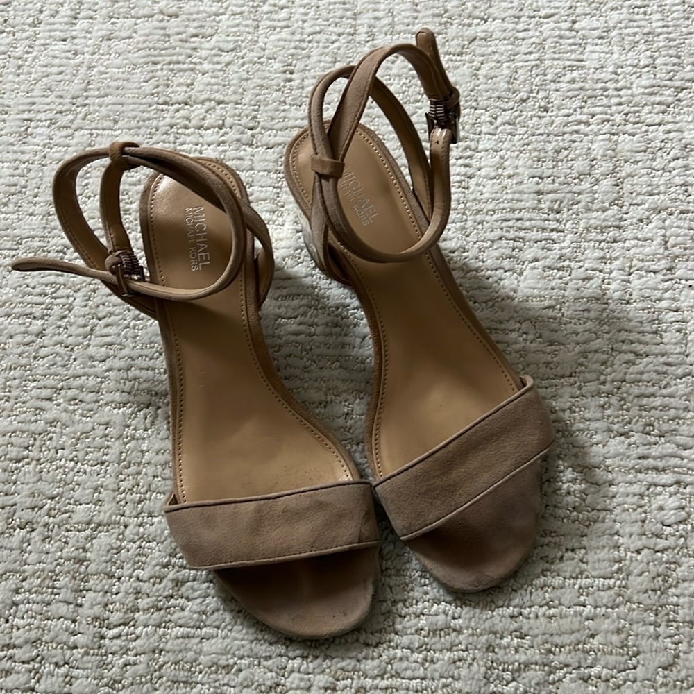 MICHAEL Michael Kors beige suede, clear block heeled sandals!